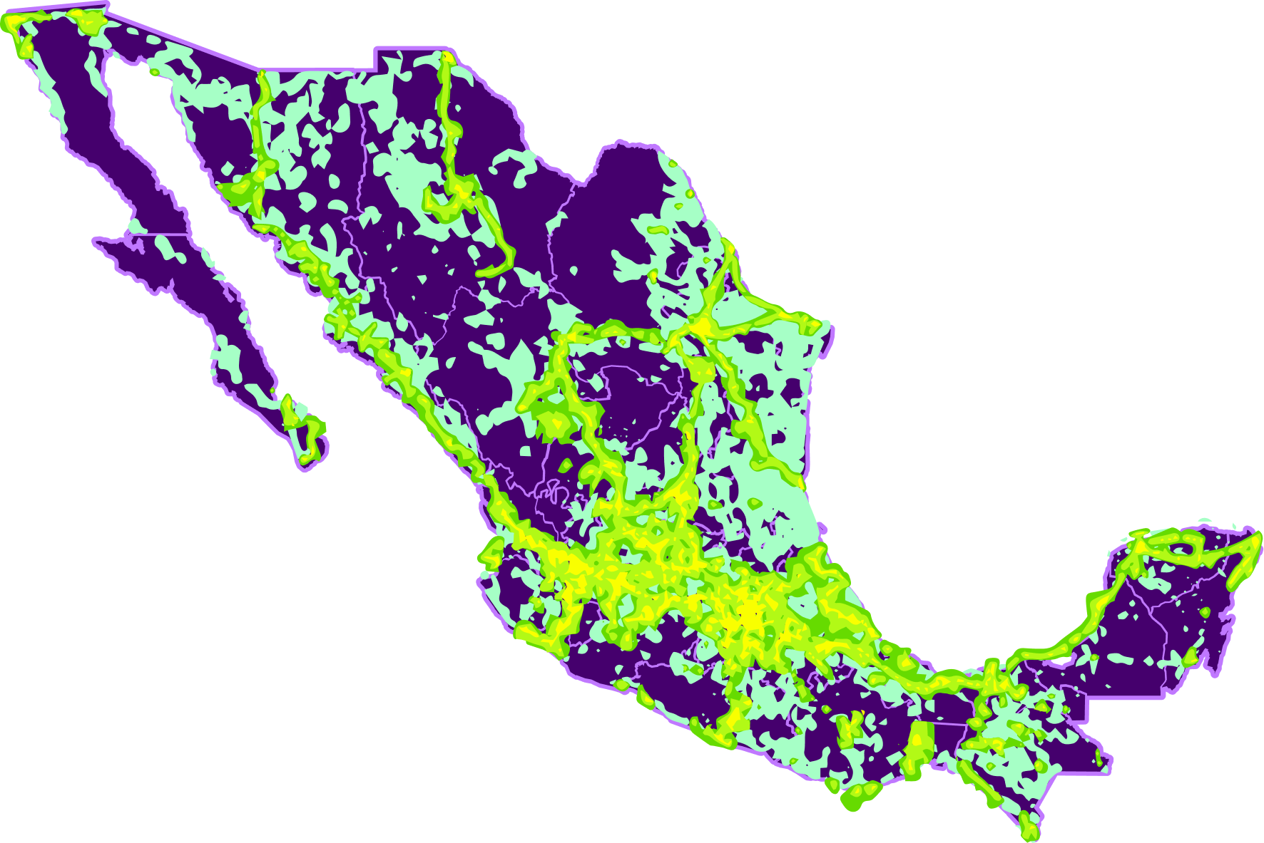 Mapa de México con todas las zonas de cobertura LTE-4G de YO Mobile.