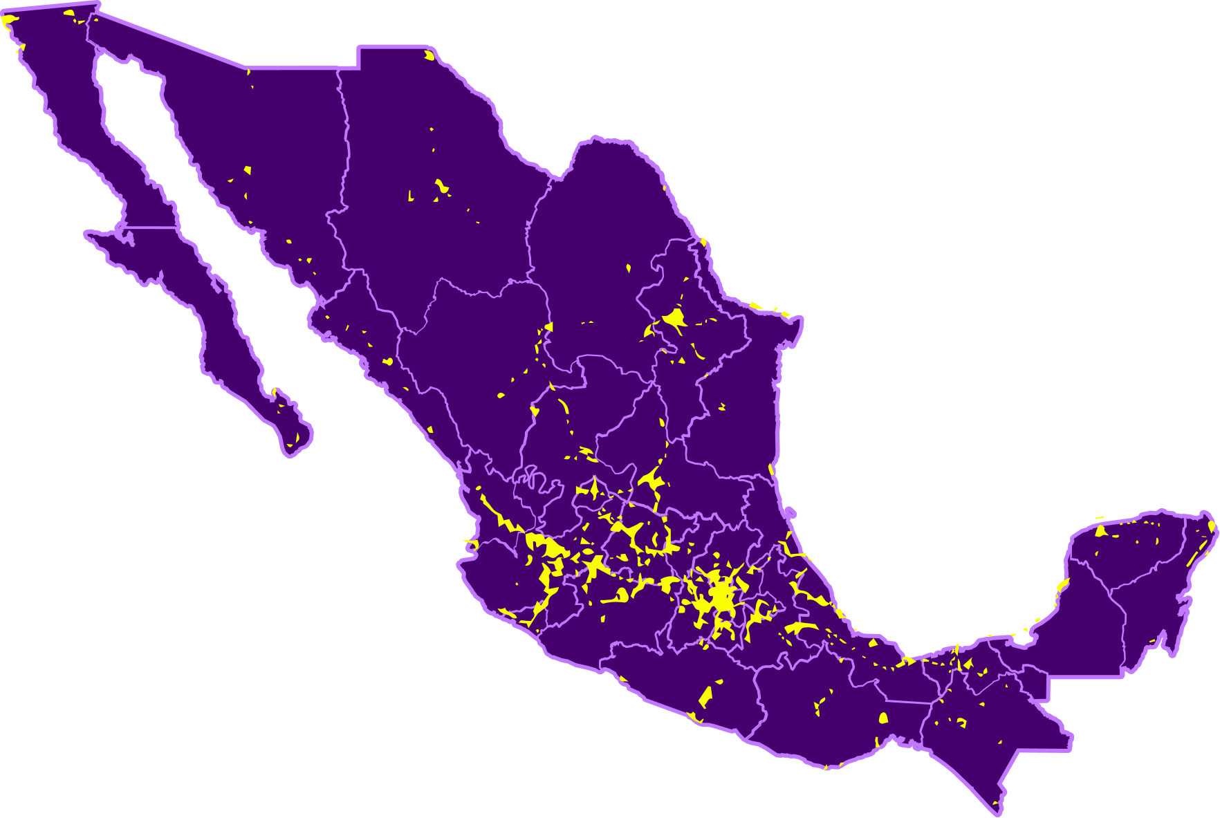 Mapa de México con las zonas de cobertura LTE-4G garantizada de YO Mobile.