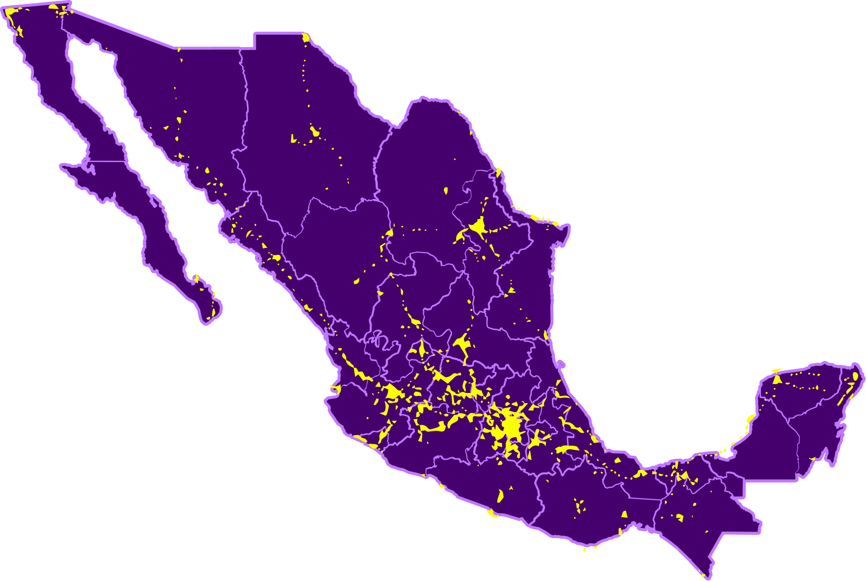 Mapa de México con las zonas de cobertura UMTS-3G garantizada de YO Mobile.